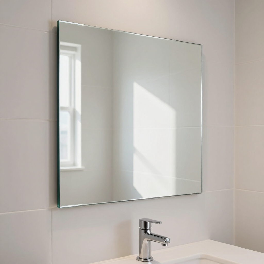 Bathroom mirror above a sink reflecting a bright window on a tiled wall