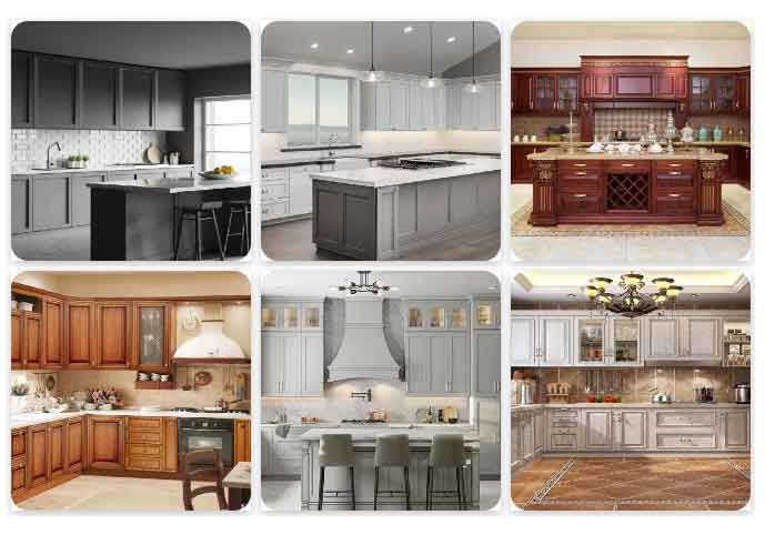 There are many different types of kitchens in this collage.