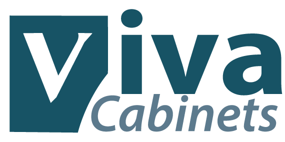 The logo for viva cabinets is blue and white.