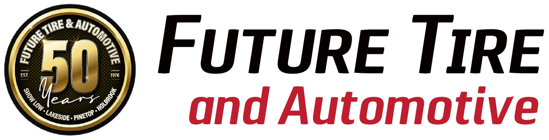Future Tire and Automotive logo with a gold 50th anniversary emblem on a black and white banner