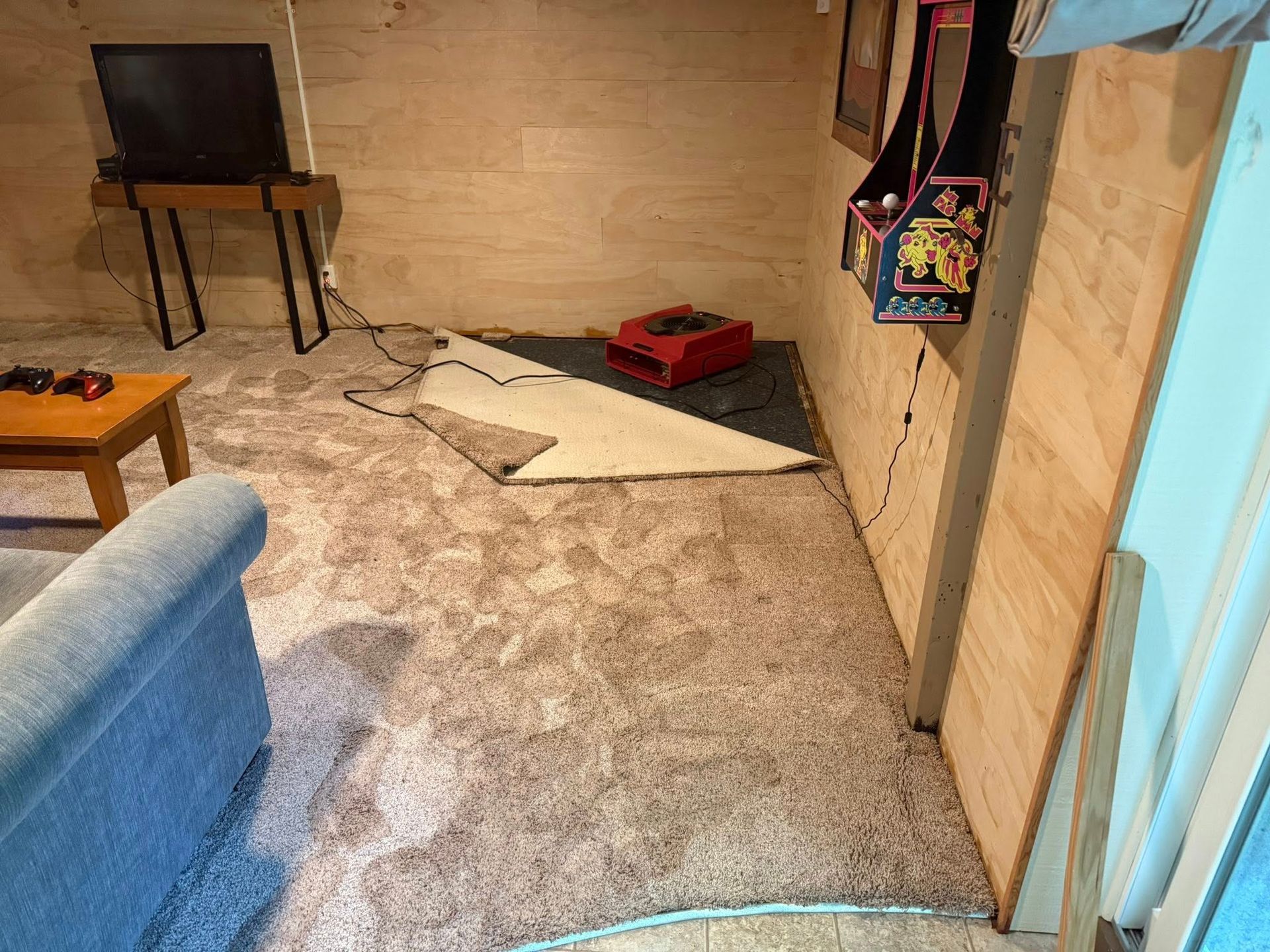 Room with carpet, a small table, a TV, and a wall with exposed wood. A red object sits on a dark mat.