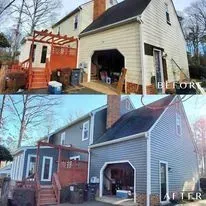 Two photos: a house with a wooden deck and another with blue siding and a garage.