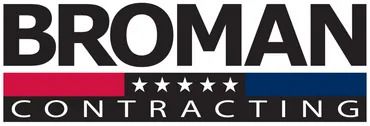 Logo of Broman Contracting: Black text with a red and blue banner and five stars.