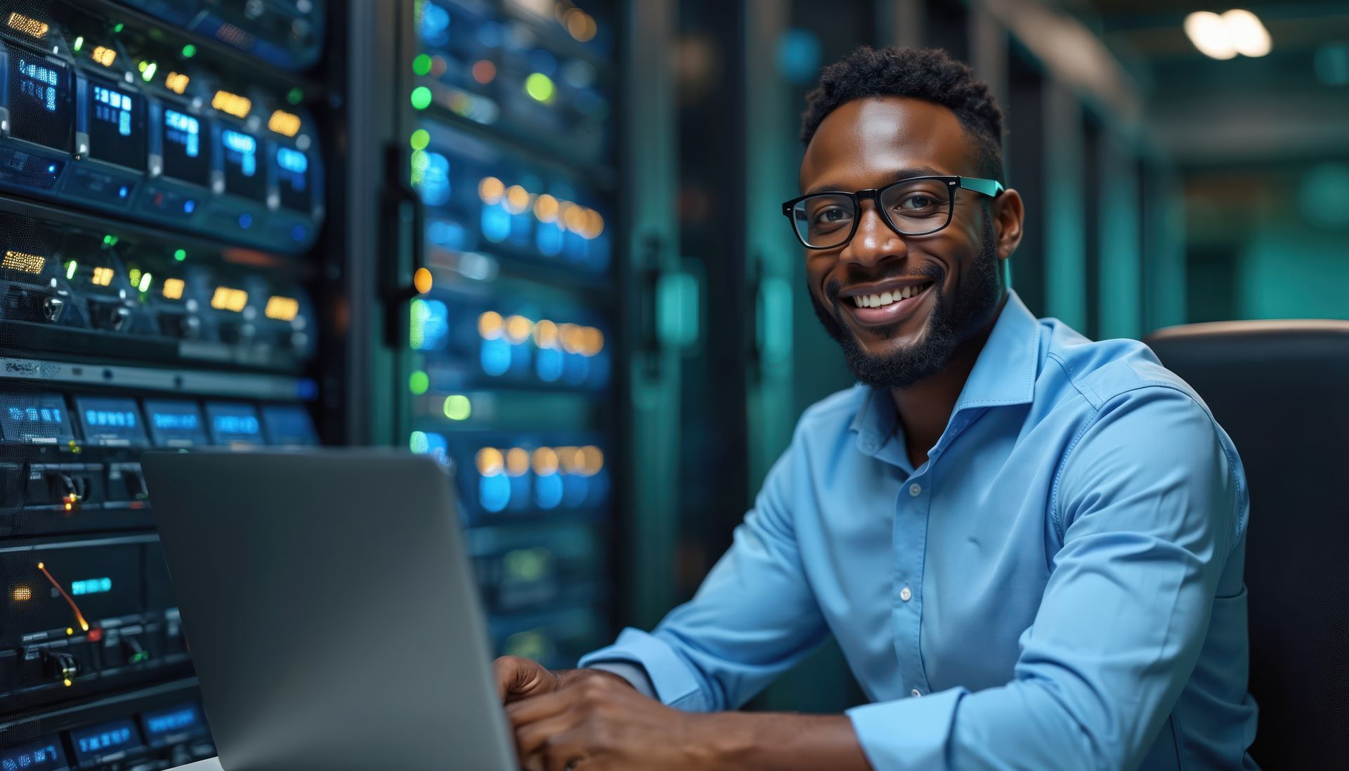 Smiling man in blue shirt working at a laptop in a server room with glowing network racks