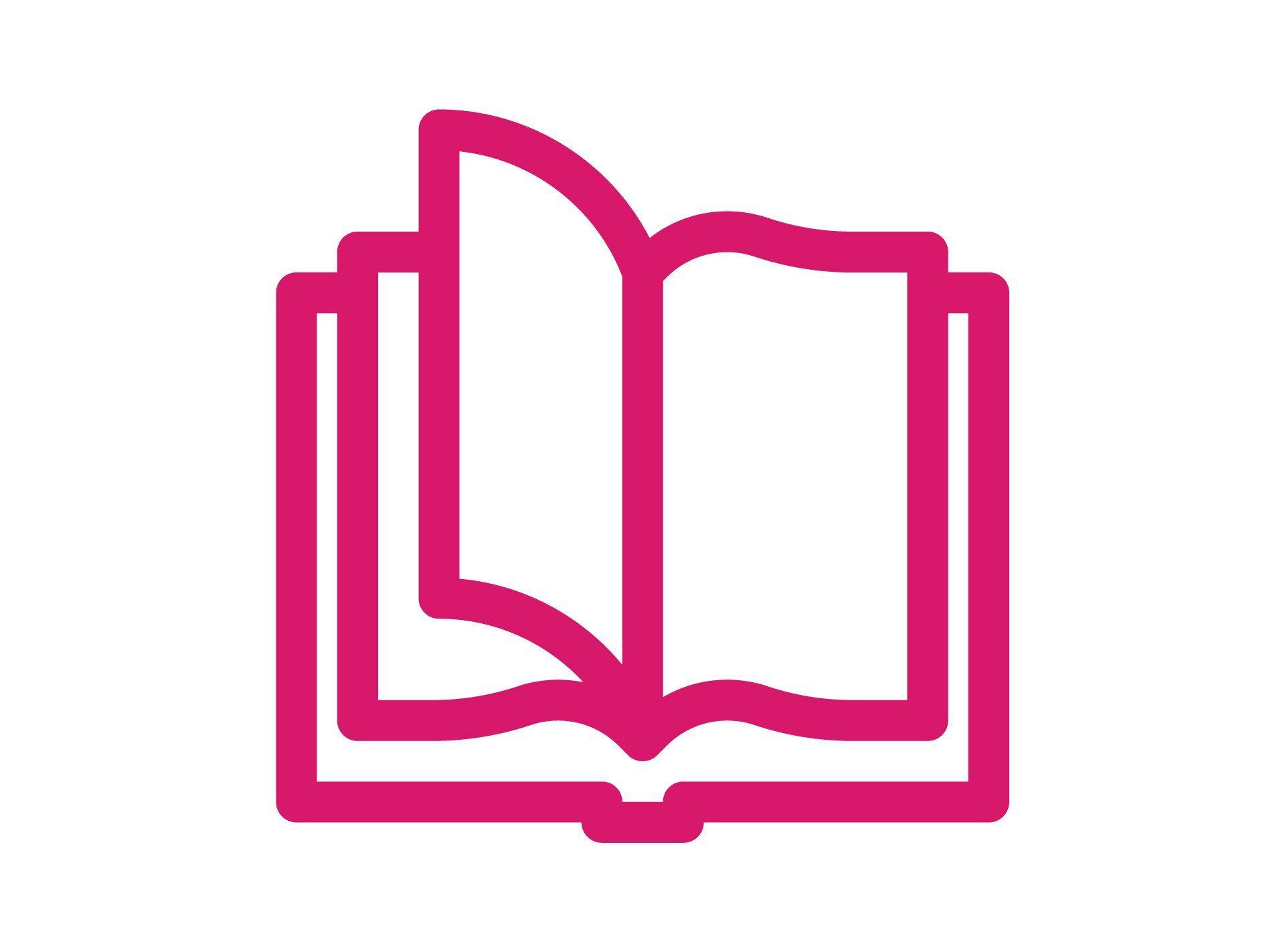 A pink icon of an open book on a white background.