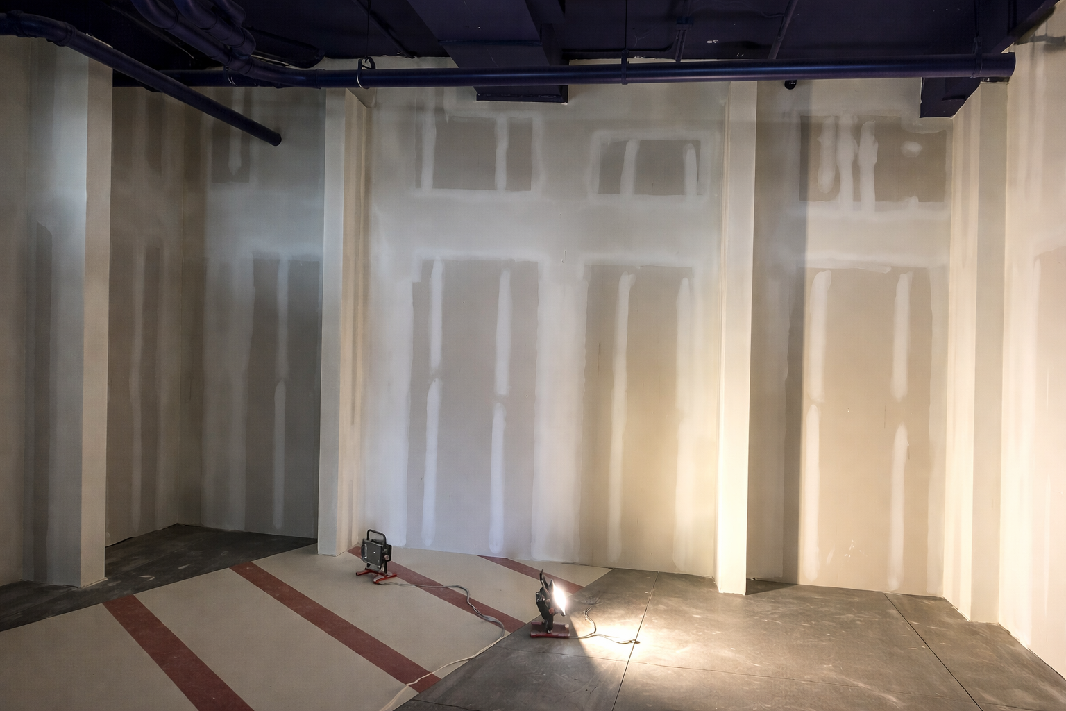 Construction of interior walls with bare drywall; red tape on floor; overhead pipes.
