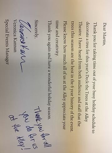 A thank-you letter from the Alley Theatre Special Events Manager, including a handwritten note and signature.