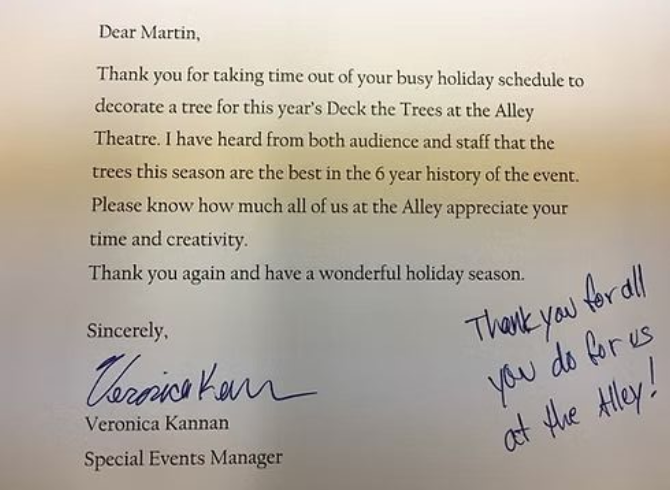 A thank-you letter from the Alley Theatre Special Events Manager, including a handwritten note and signature.
