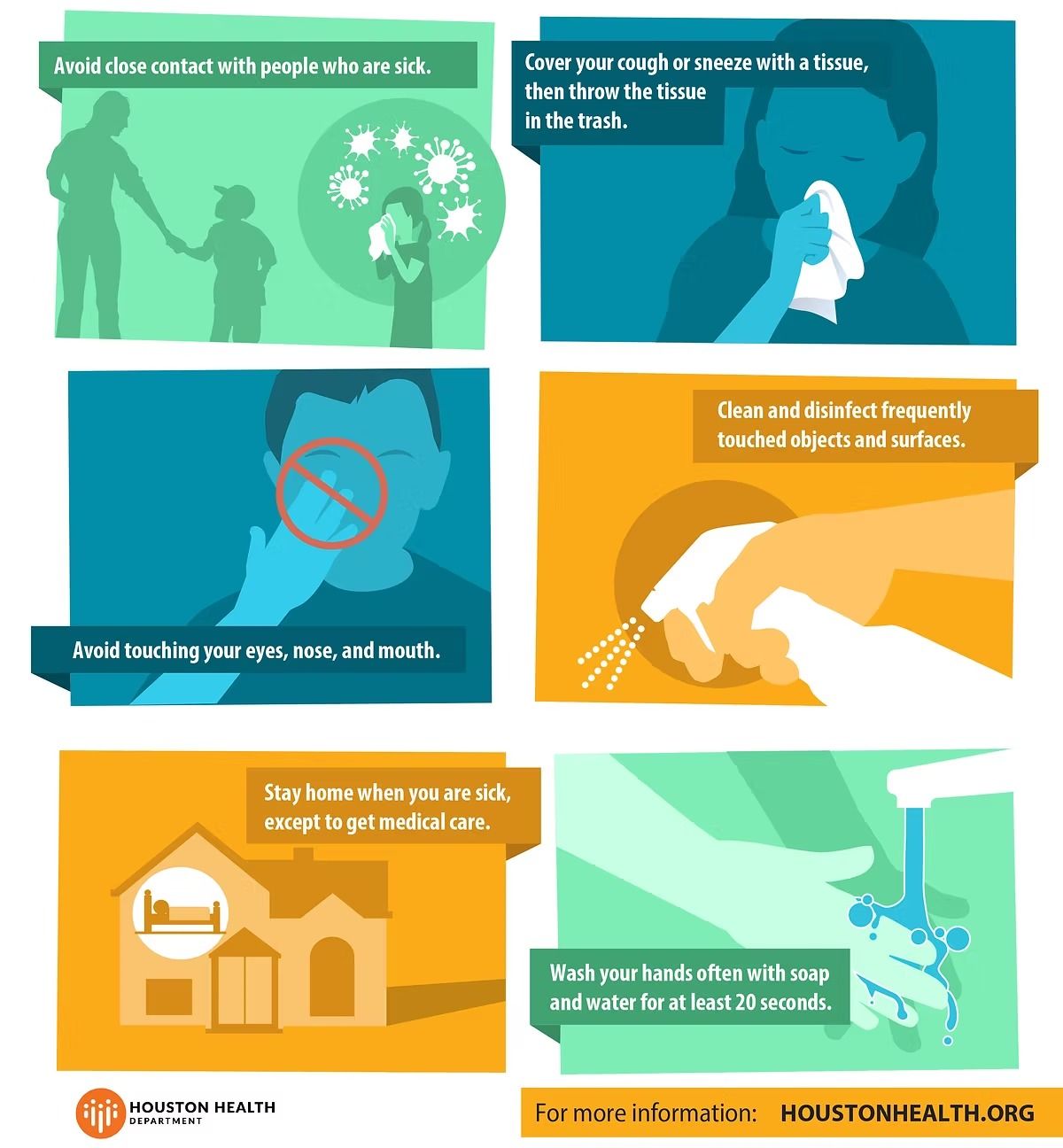 Infographic with six tips to prevent illness: avoid sick people, cover coughs, don't touch face, clean surfaces, stay home.