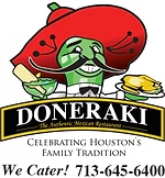 Doneraki Mexican Restaurant logo featuring a cartoon jalapeño in a sombrero, holding a drink and food. 713-645-6400.