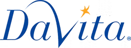 DaVita logo featuring the blue wordmark with a stylized blue swoosh and a yellow star above the letter 'i'.