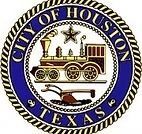 The official blue and gold seal of the City of Houston, featuring a steam locomotive and a plow.