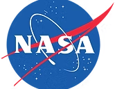 The official NASA logo featuring white text and a red vector wing set against a blue circular background with white stars.