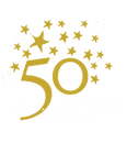 A golden number 50 surrounded by various small gold stars against a plain white background.