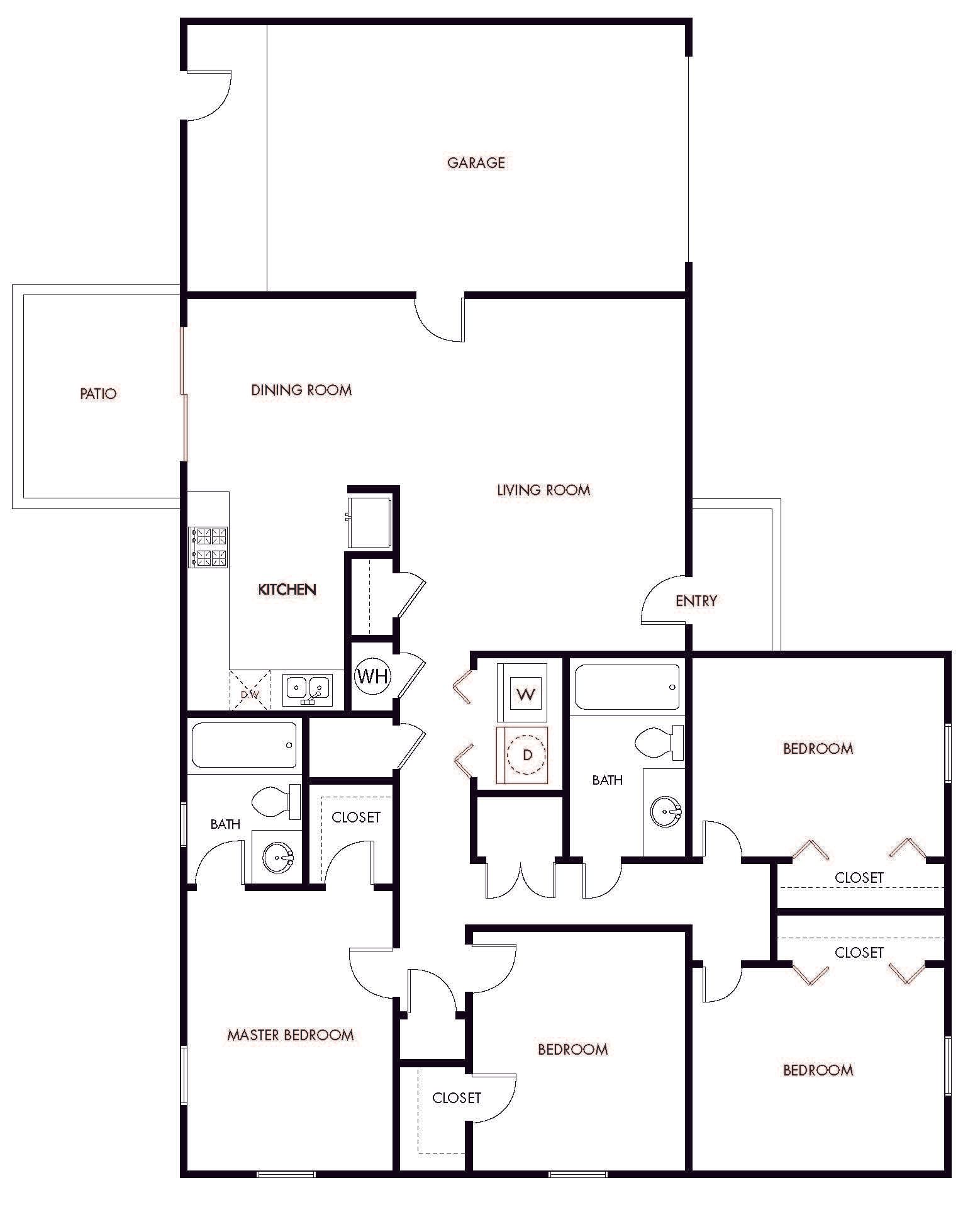 Four bedroom two bathroom one level floor plan