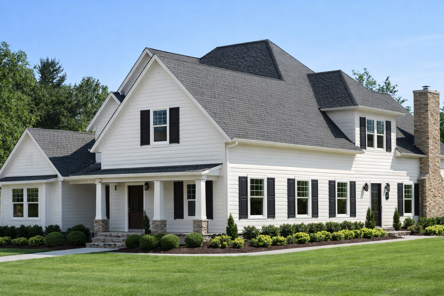 A two-story white house with dark gray shutters, a stone chimney, and a well-manicured lawn under a clear blue sky.
