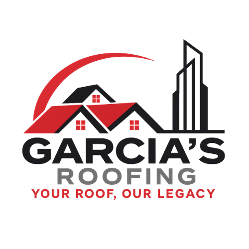 Logo for Garcia’s Roofing featuring house silhouettes, a red arch, a skyscraper, and the text 