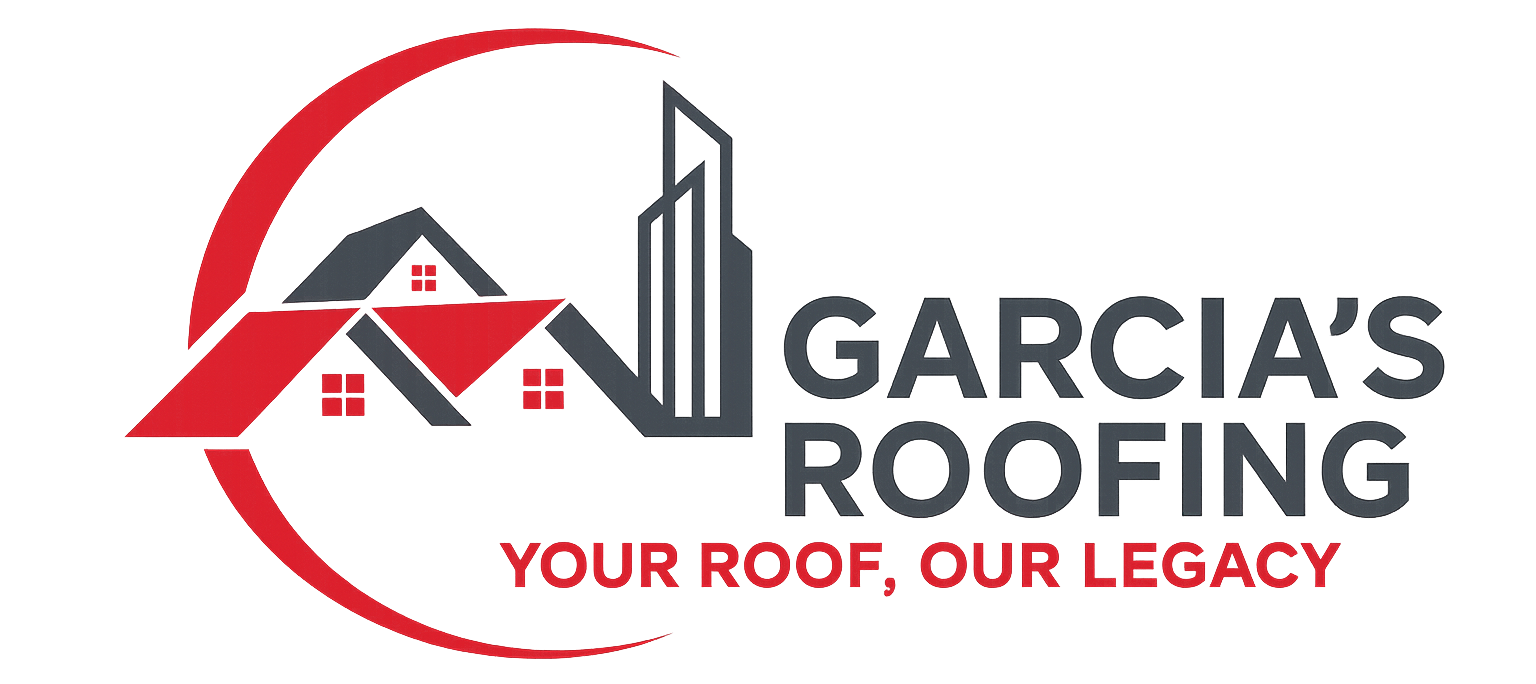 Logo for Garcia's Roofing featuring a graphic of a house and skyscraper with the slogan 