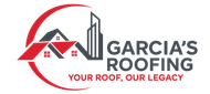 Logo for Garcia's Roofing featuring a graphic of a house and skyscraper with the slogan 