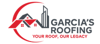 Logo for Garcia's Roofing featuring a graphic of a house and skyscraper with the slogan 