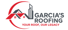 Logo for Garcia's Roofing featuring a graphic of a house and skyscraper with the slogan
