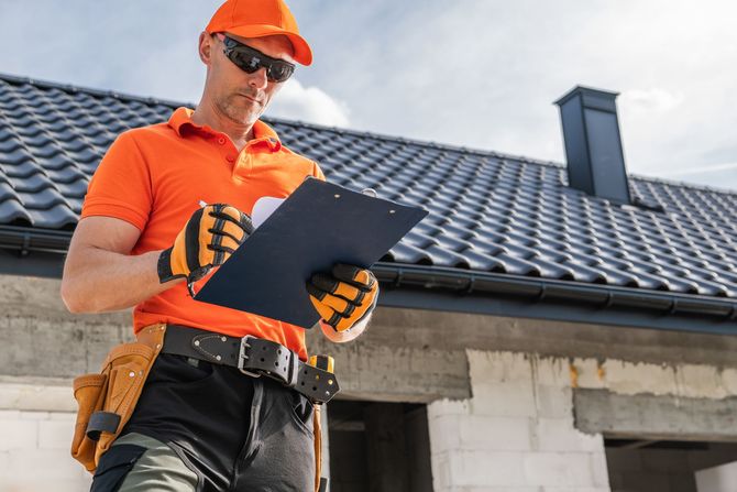 A worker in an orange shirt and cap stands before a house with a tiled roof, writing notes on a clipboard.