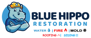 Blue Hippo Restoration logo: blue hippo in a construction hat with text 