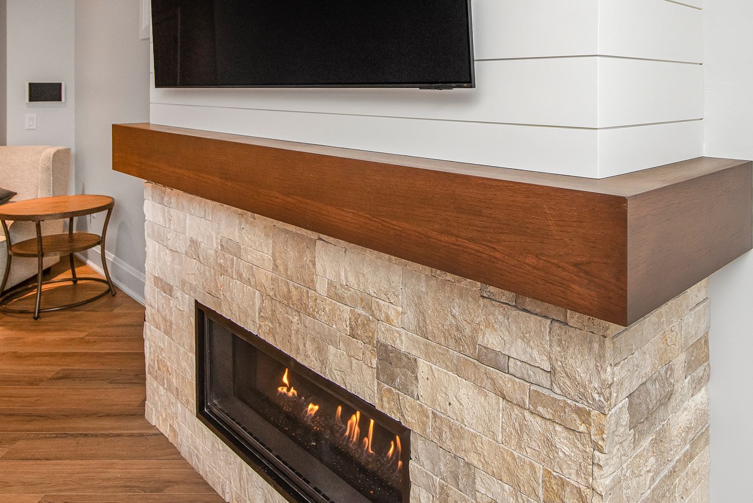 A living room with a fireplace