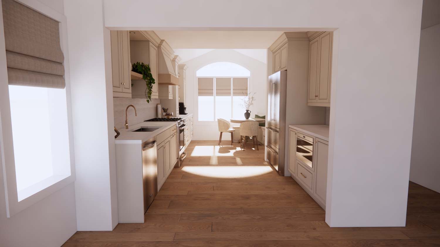 A 3d rendering of a kitchen with white cabinets and stainless steel appliances.