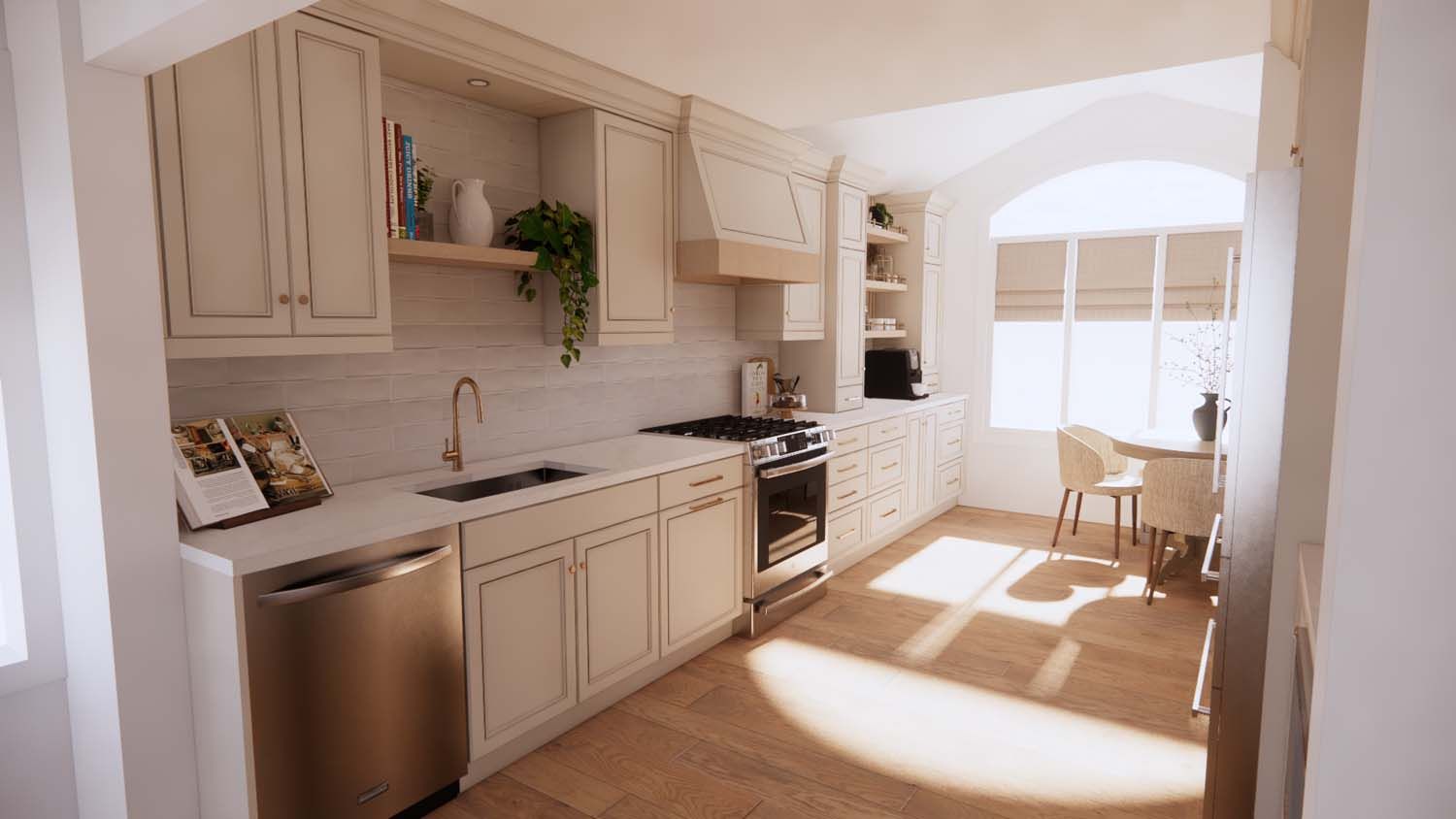 A kitchen with white cabinets , stainless steel appliances , a sink , and a window.