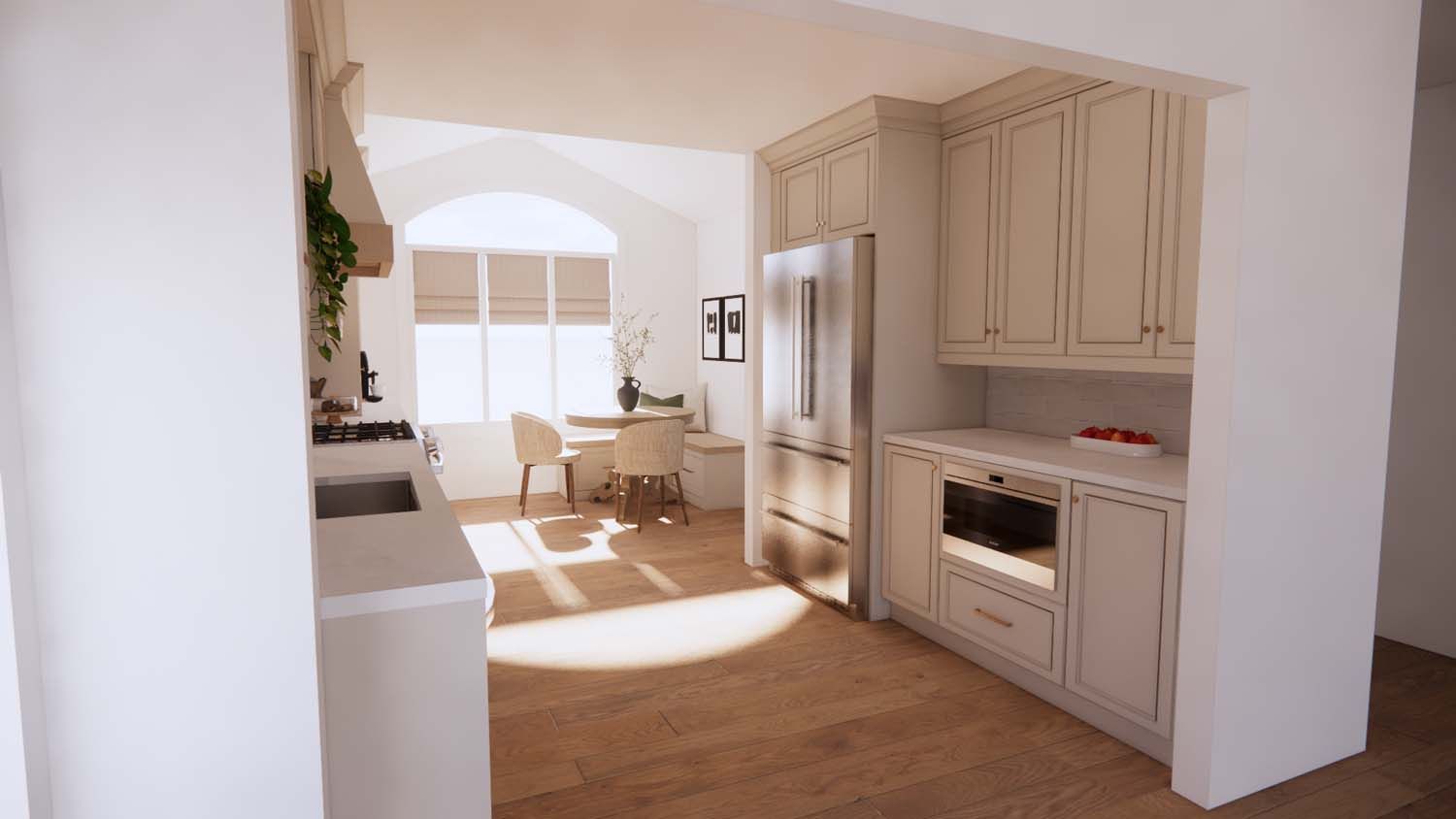 A kitchen with white cabinets and stainless steel appliances and a dining room in the background.