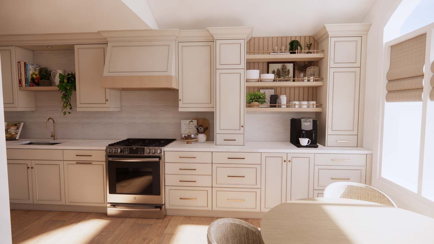 A kitchen with white cabinets , a stove , and a table.