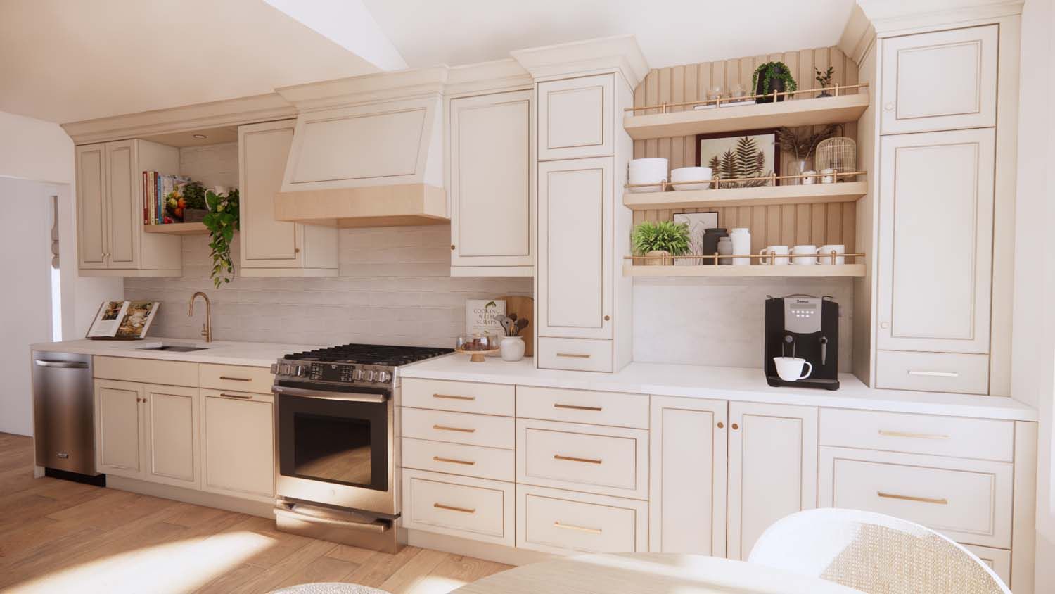A kitchen with white cabinets , stainless steel appliances , and a coffee maker.