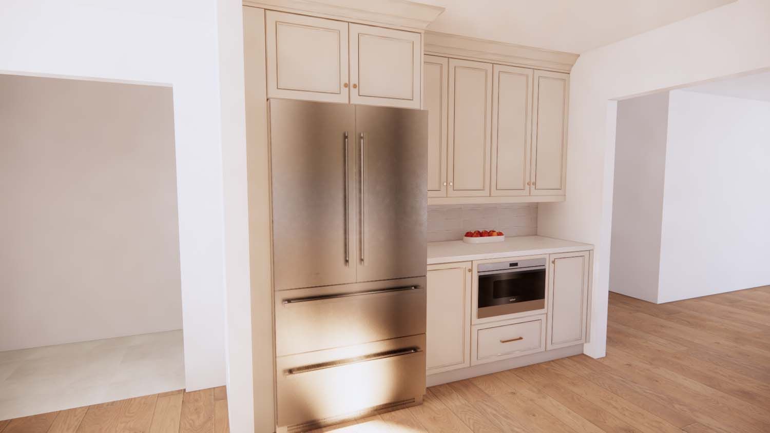 A kitchen with white cabinets.