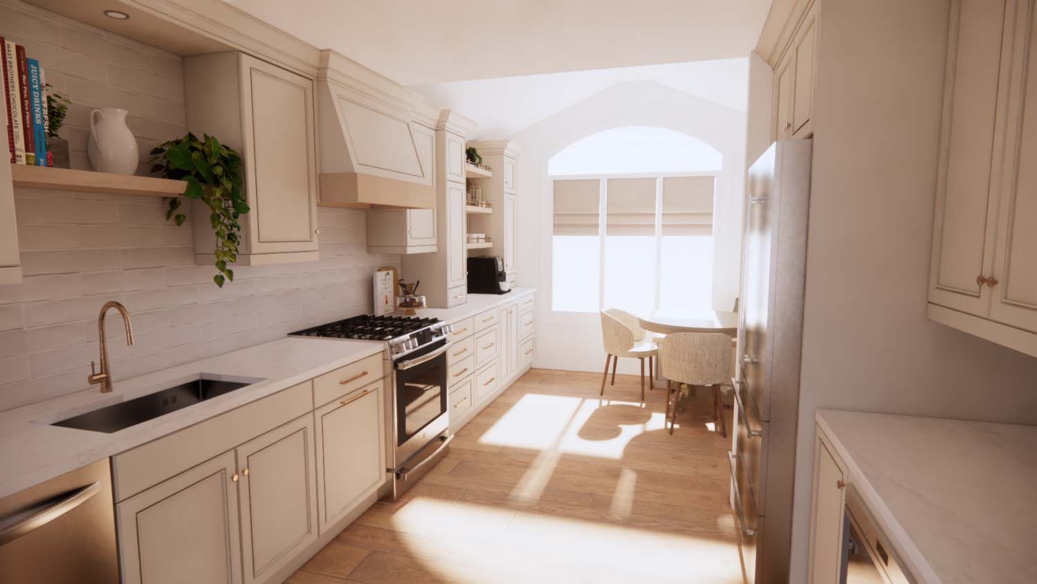 A kitchen with white cabinets and stainless steel appliances.