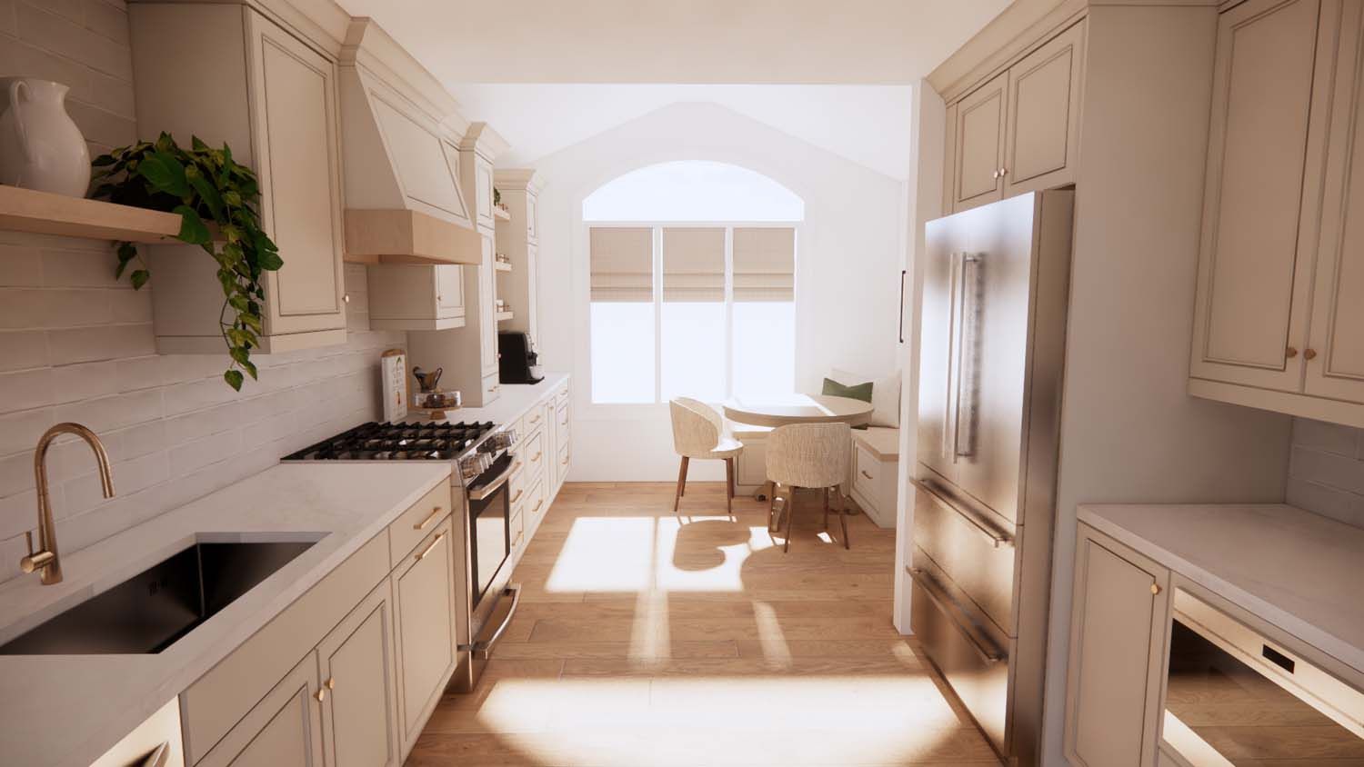 A 3d rendering of a kitchen with white cabinets and stainless steel appliances.