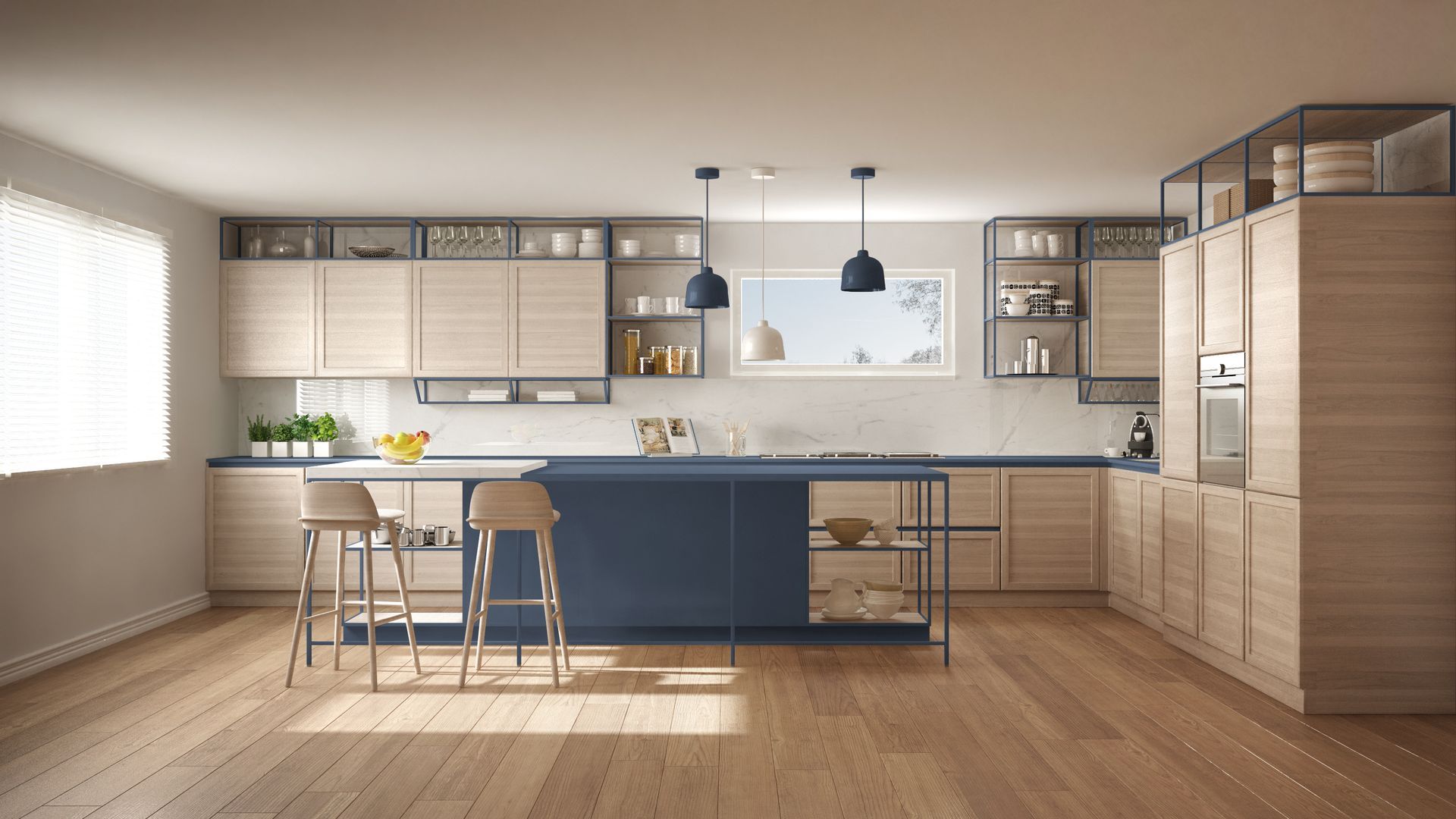 A modern kitchen with wooden cabinets and a blue island.