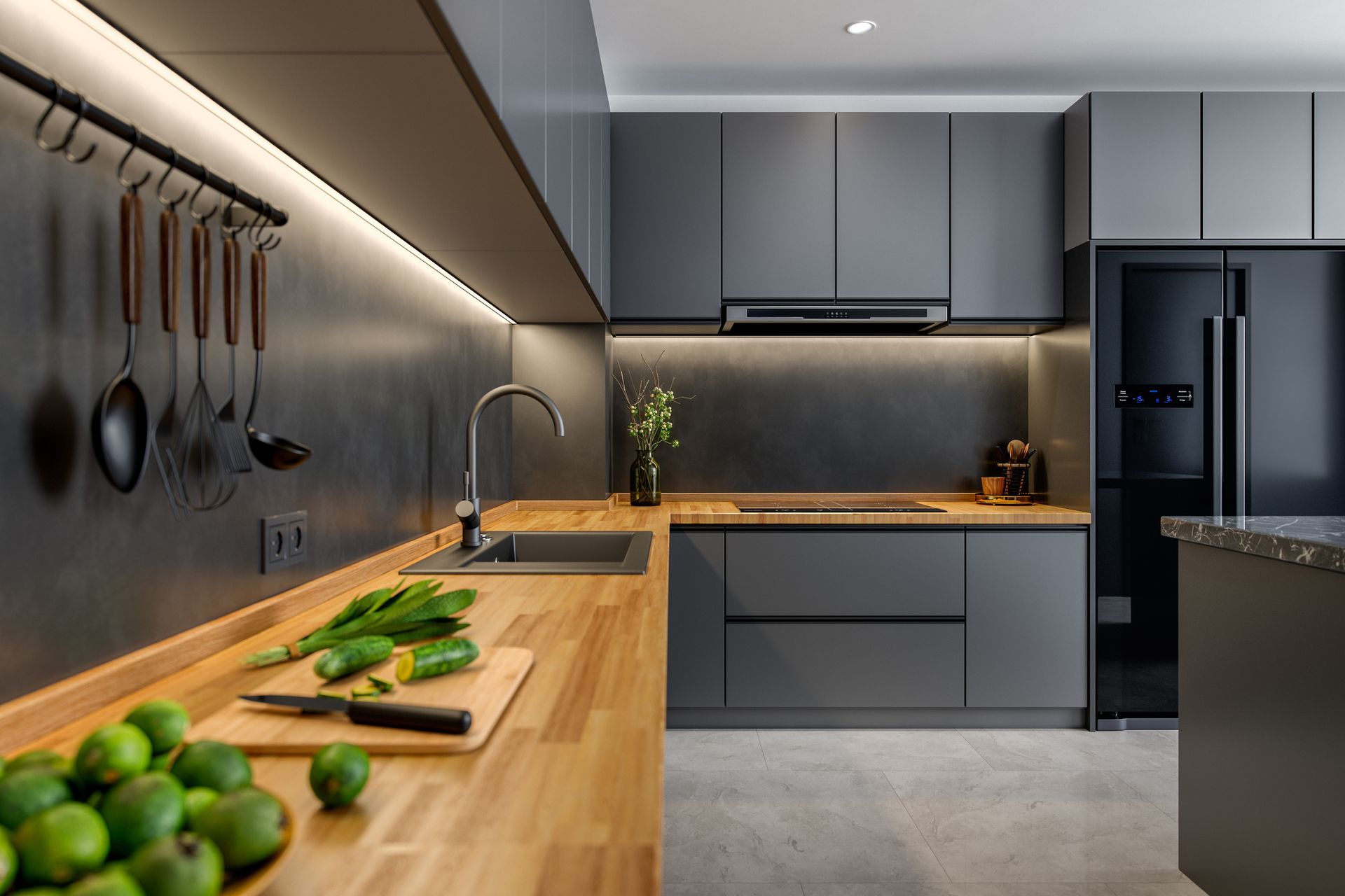 A kitchen with a sink , refrigerator , and wooden counter tops.