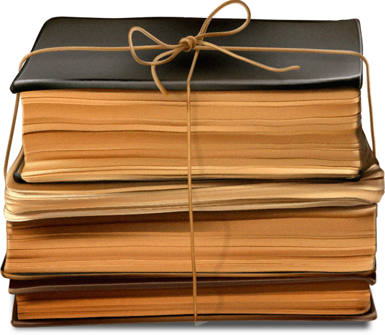 Stack of vintage books tied with string, with dark covers and yellowed pages.