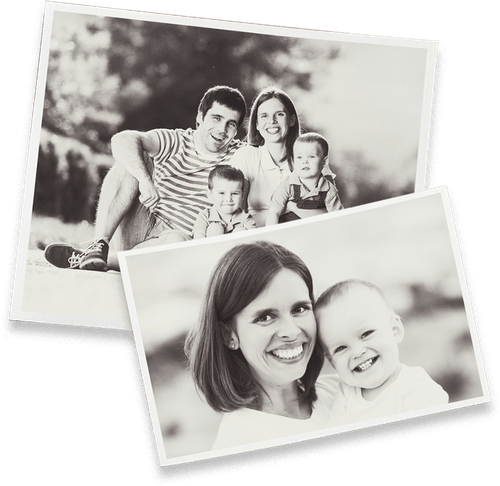 Two overlapping black-and-white family photos with smiling adults and children