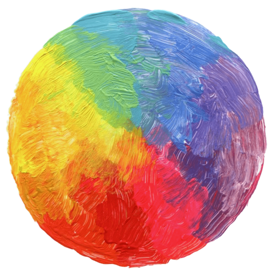 Abstract multicolored painted sphere with swirling rainbow brushstrokes