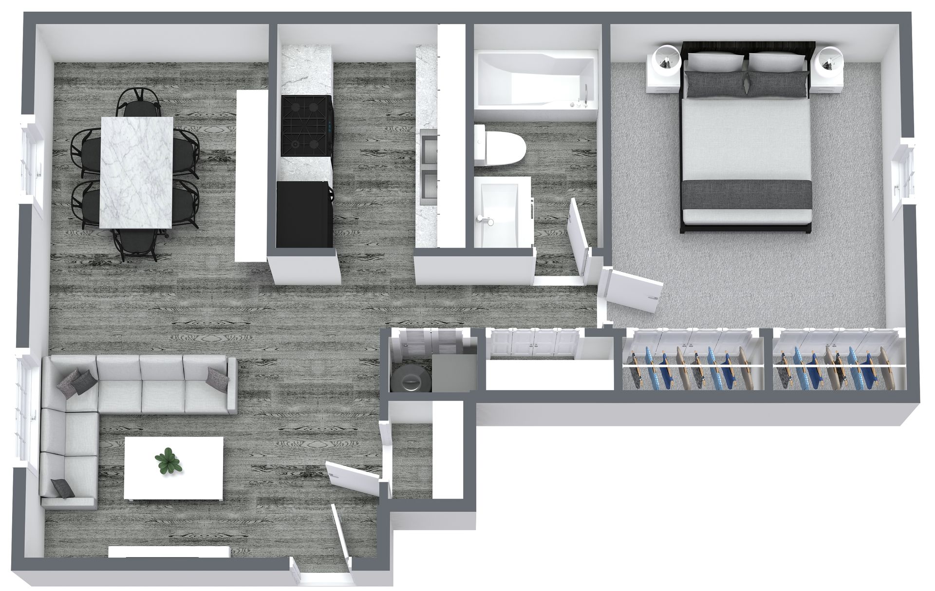 Floor plan of a one-bedroom apartment; shows bedroom, kitchen, living room, and small outdoor seating area.