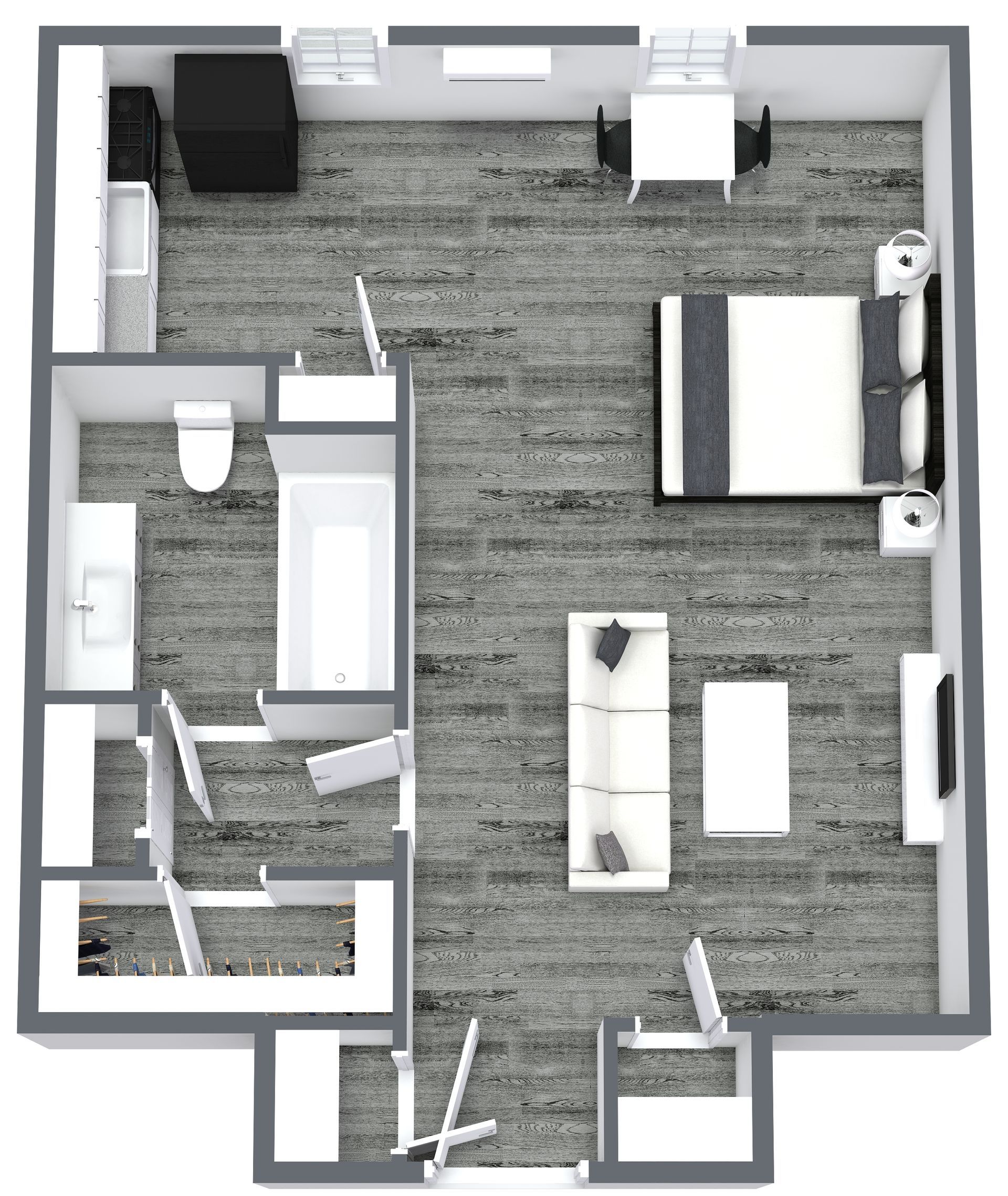 Floor plan of a studio apartment with bedroom, bathroom, and living area; neutral colors, gray carpet.