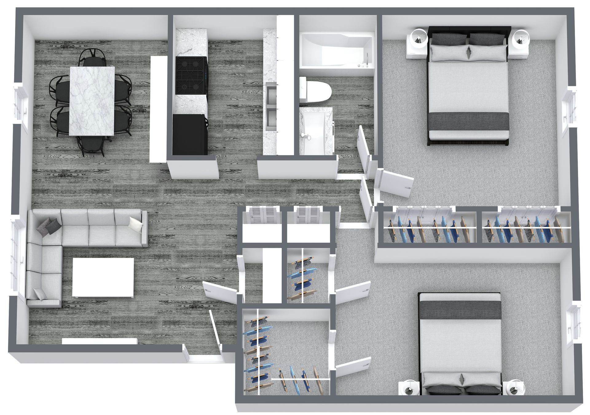 Floor plan of a modern apartment with two bedrooms, a kitchen, and a living area, in gray tones.