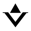 A black and white triangle with a v in the middle on a white background.