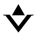 A black and white triangle with a v in the middle on a white background.