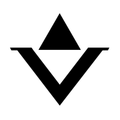 A black and white triangle with a v in the middle on a white background.