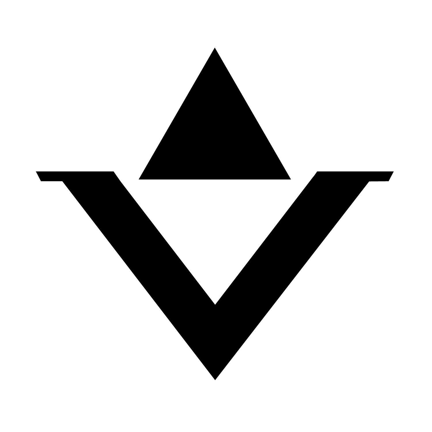A black and white triangle with a v in the middle on a white background.