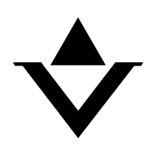 A black and white triangle with a v in the middle on a white background.