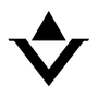 A black and white triangle with a v in the middle on a white background.